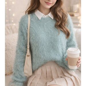 If It Were Me soft blue furry preppy clean girl feminine sweater size medium